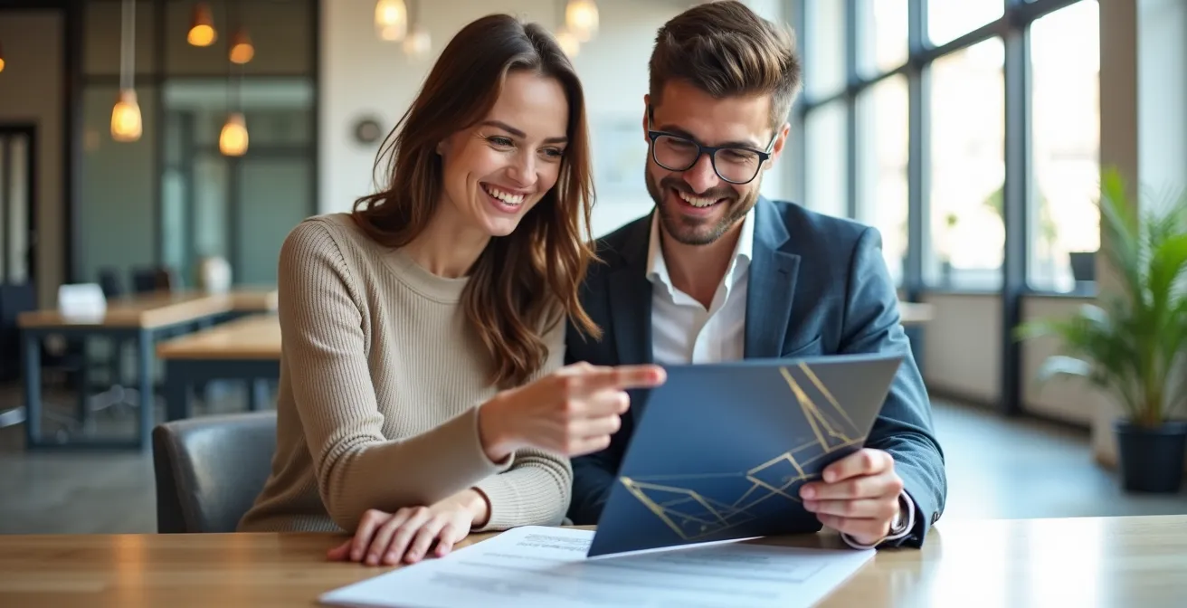 Couple d'acheteurs souriants consultant un dossier d'expertise dans une agence immobilière moderne