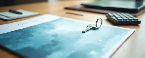 Document d'expertise immobilière avec clés et calculatrice sur une table en bois