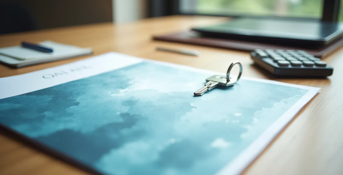 Document d'expertise immobilière avec clés et calculatrice sur une table en bois