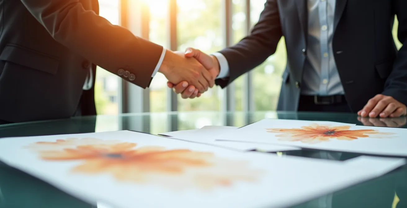 Poignée de main professionnelle lors d'une négociation immobilière avec documents sur la table