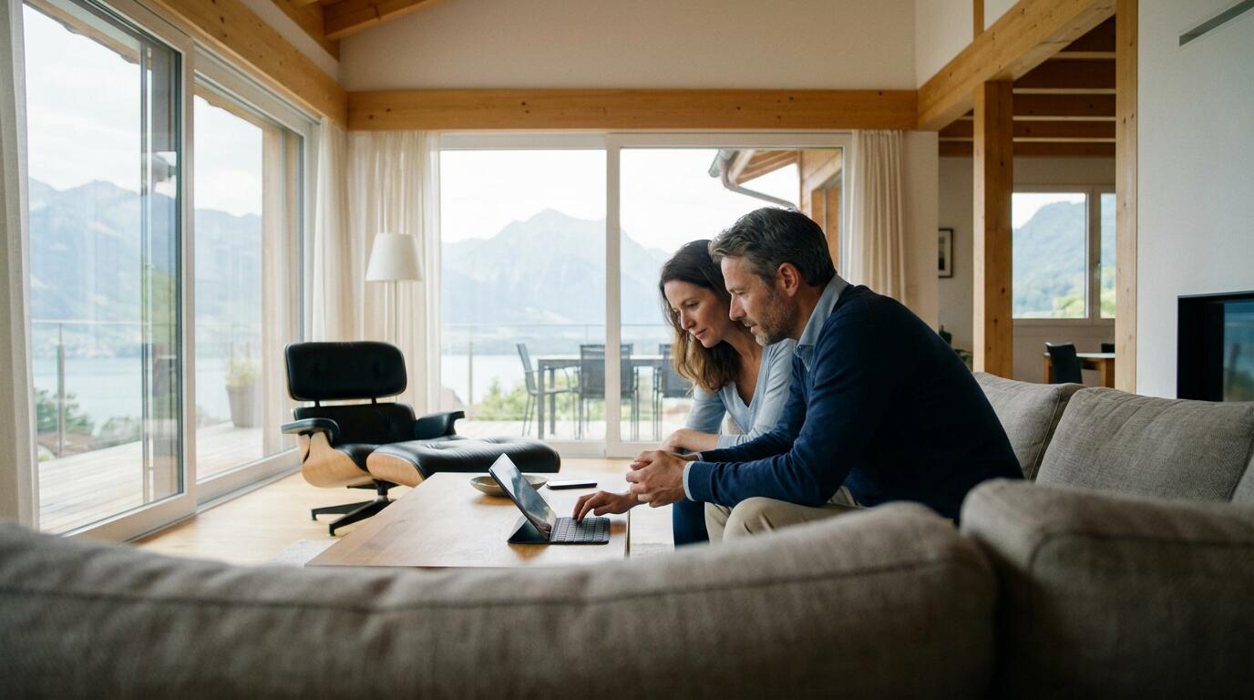 Couple consultant estimation immobilière sur tablette dans salon moderne suisse