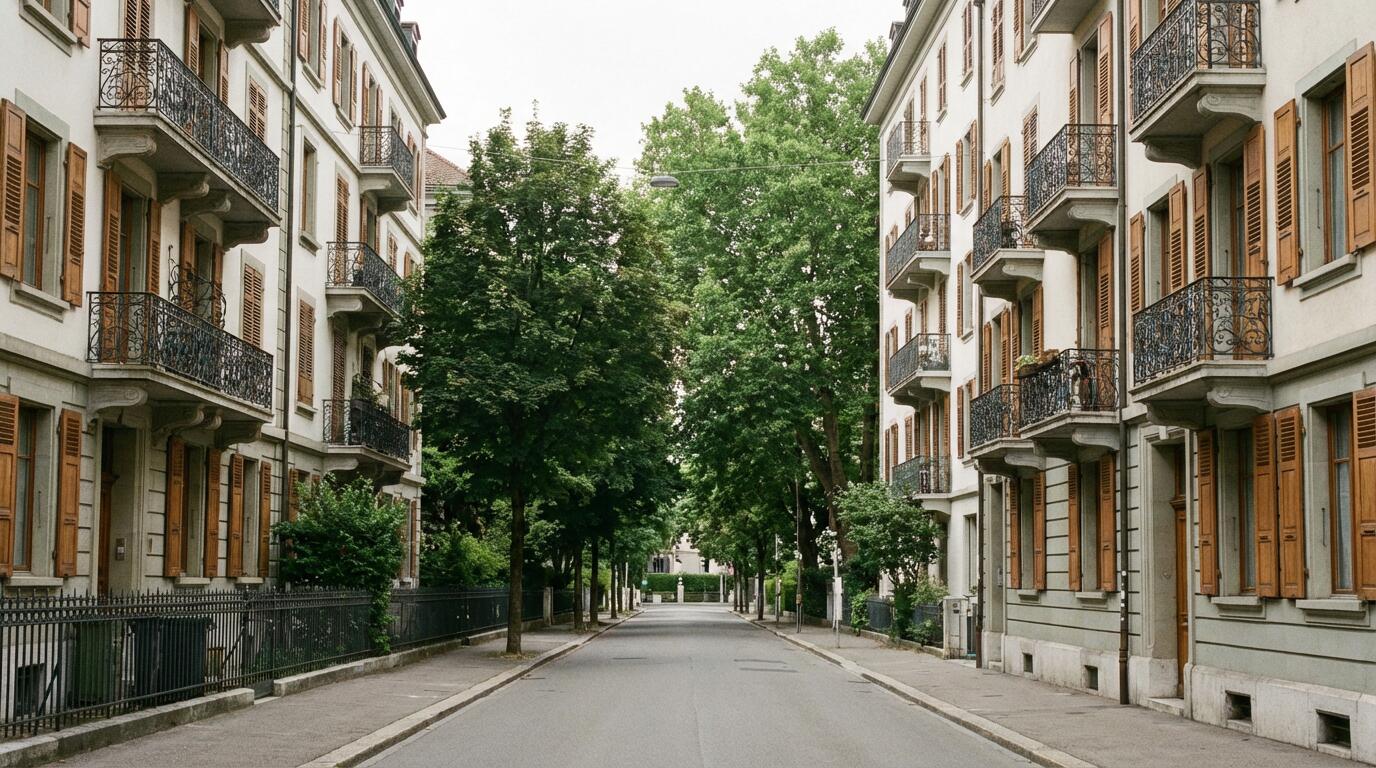 Rue résidentielle quartier Champel Genève avec façades immeubles haut de gamme