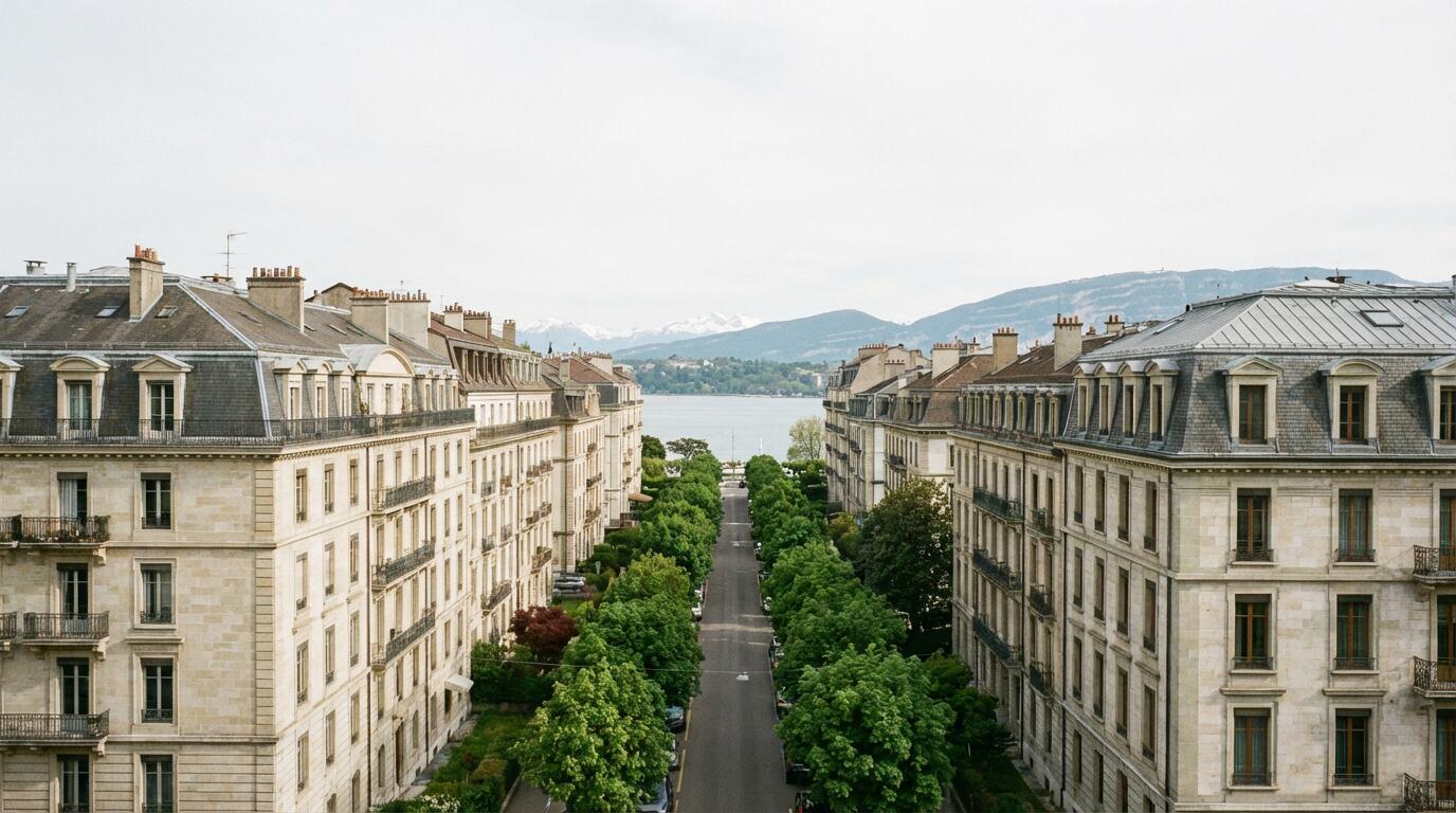 Vue panoramique quartier résidentiel Genève avec immeubles et lac Léman
