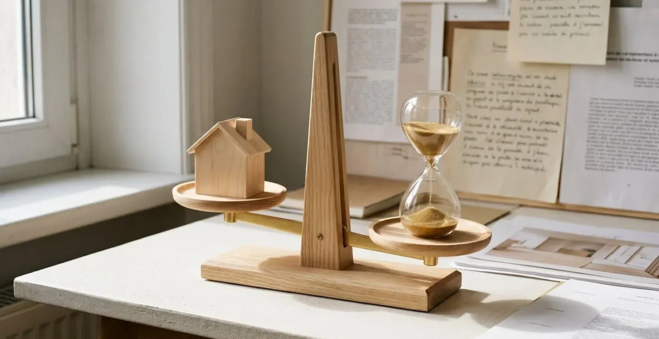 Balance en bois avec maison miniature d'un côté et sablier de l'autre, symbolisant le choix entre vendre maintenant ou attendre pour optimiser sa plus-value immobilière.