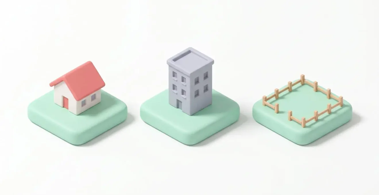 Illustration isométrique de trois types de biens immobiliers : résidence secondaire, immeuble locatif et terrain nu, représentant les différents profils fiscaux.