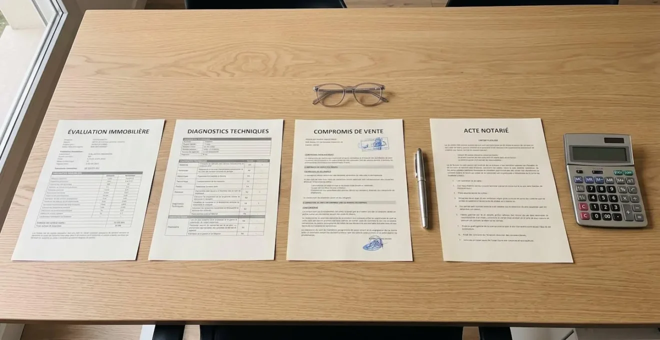Vue de dessus d'un bureau avec documents de vente immobilière organisés en séquence : estimation, diagnostics, compromis et acte notarié, illustrant les étapes d'une revente optimisée.